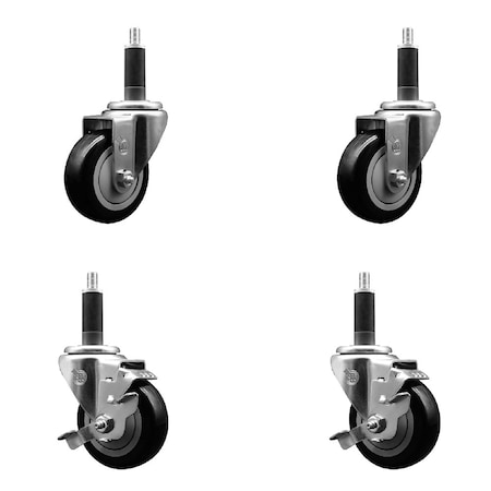 Service Caster 3.5'' SS Black Poly Wheel Swivel 1'' Expanding Stem Caster Set 2 Brakes, 4PK SCC-SSEX20S3514-PPUB-BLK-2-TLB-2-1